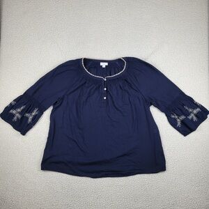 J Jill Blouse Women’s Size XL Navy Blue Floral Embroidery Peasant Boho